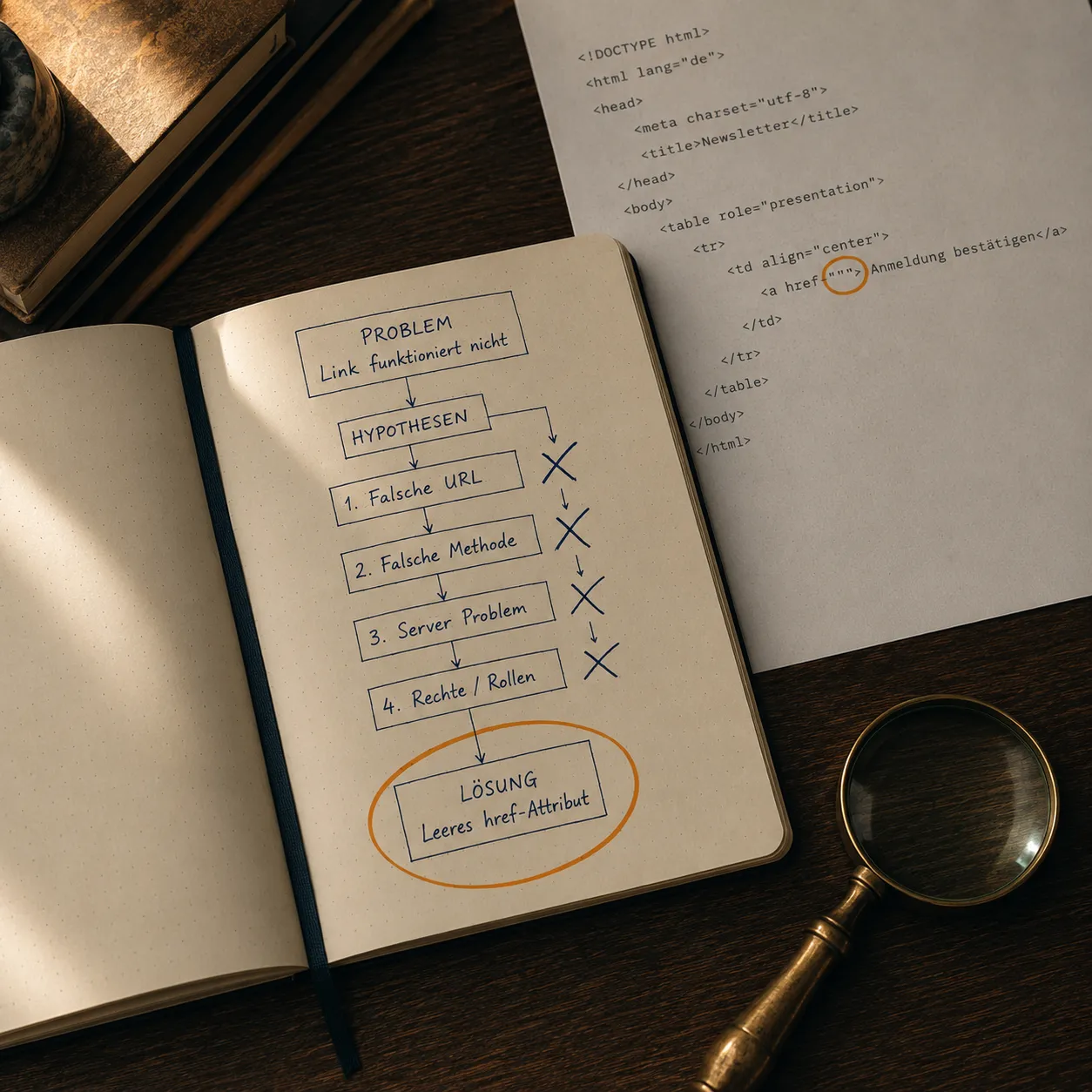 Aufgeschlagenes Notizbuch mit handschriftlichem Flowchart: Problem „Link funktioniert nicht" führt über vier durchgestrichene Hypothesen — falsche URL, falsche Methode, Server-Problem, Rechte/Rollen — zur orange umkringelten Lösung „Leeres href-Attribut". Daneben ein gedruckter HTML-Quelltext und eine Messing-Lupe.